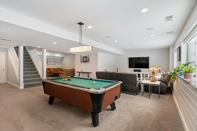 2632 Woodside Dr, Petoskey, MI 49770 - rec room with light colored carpet, pool table, visible vents, and recessed lighting