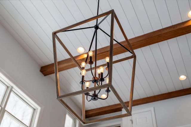 2632 Woodside Dr, Petoskey, MI 49770 - details featuring beam ceiling and a notable chandelier