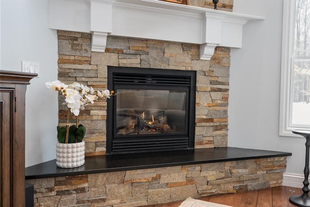 2632 Woodside Dr, Petoskey, MI 49770 - details featuring a stone fireplace, wood finished floors, and baseboards