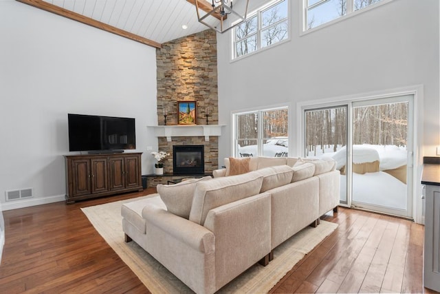 2632 Woodside Dr, Petoskey, MI 49770 - living room with a fireplace, visible vents, wood ceiling, wood finished floors, and high vaulted ceiling
