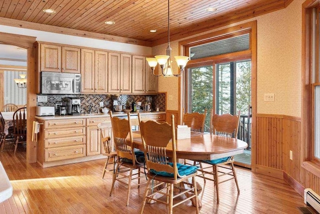 dining room featuring wood ceiling, a chandelier, light wood-style flooring, and wainscoting