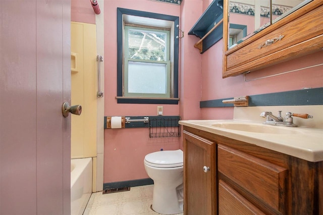 full bathroom featuring toilet, tile patterned floors, visible vents, and vanity