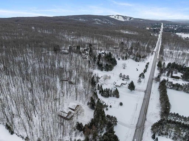 snowy aerial view featuring a mountain view