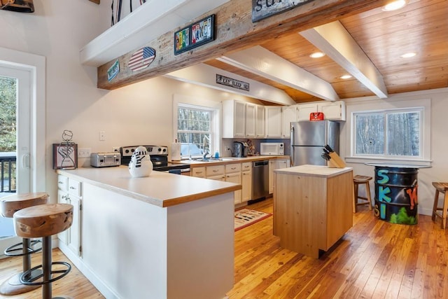 kitchen featuring a peninsula, white cabinetry, appliances with stainless steel finishes, and light countertops