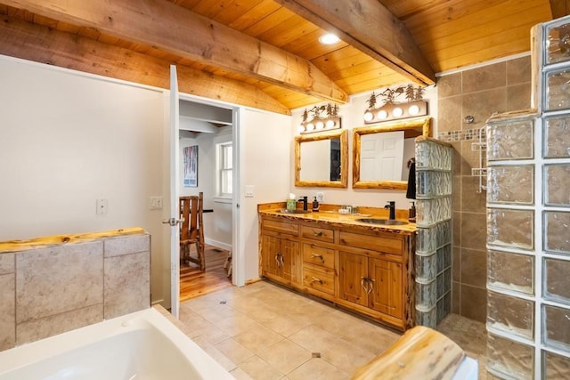 bathroom with wooden ceiling, tile patterned flooring, a sink, and beamed ceiling