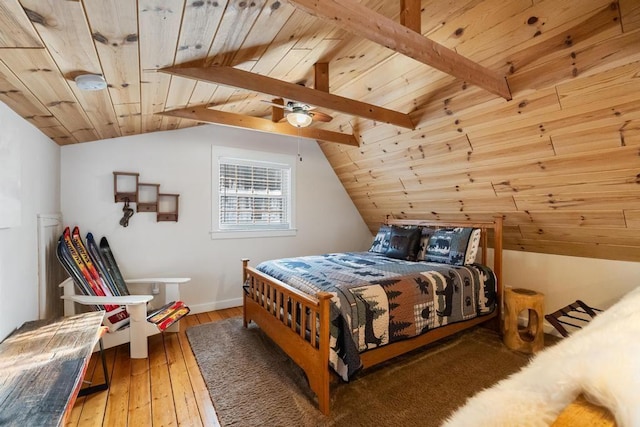 bedroom featuring vaulted ceiling with beams, wood ceiling, and wood finished floors