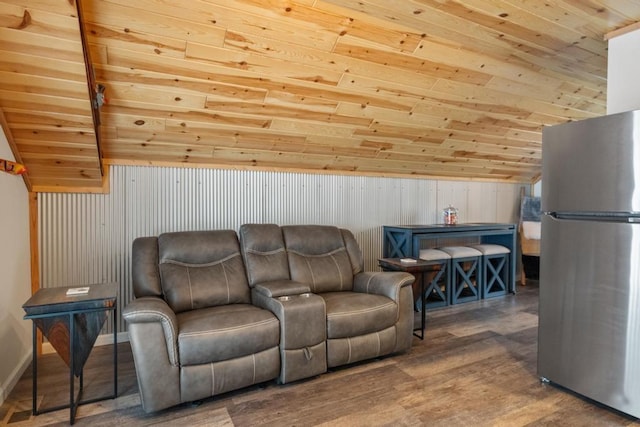 living room featuring wood ceiling, vaulted ceiling, and wood finished floors