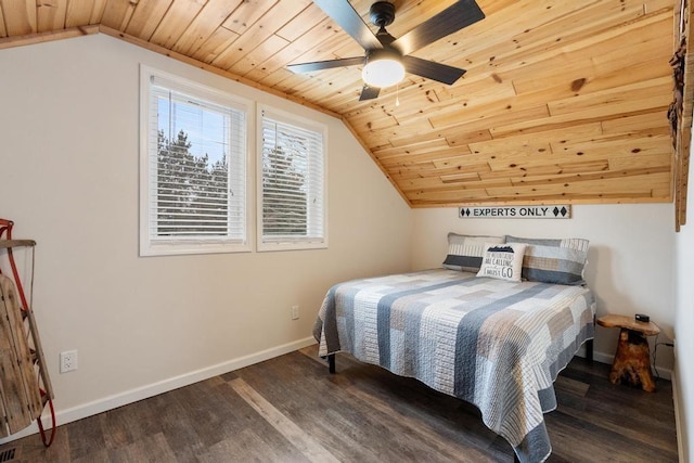 bedroom with lofted ceiling, dark wood-type flooring, wooden ceiling, and baseboards