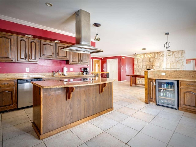 kitchen with beverage cooler, island range hood, dishwasher, a kitchen breakfast bar, and hanging light fixtures