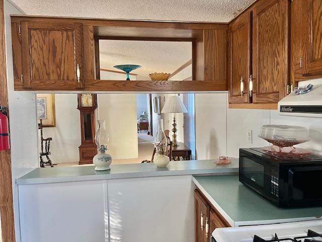 interior space featuring light countertops, brown cabinetry, a textured ceiling, black microwave, and extractor fan