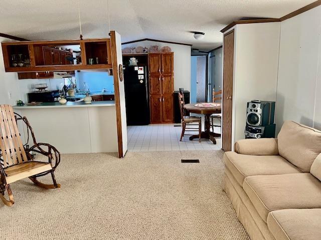 kitchen featuring carpet floors, freestanding refrigerator, open floor plan, vaulted ceiling, and a textured ceiling