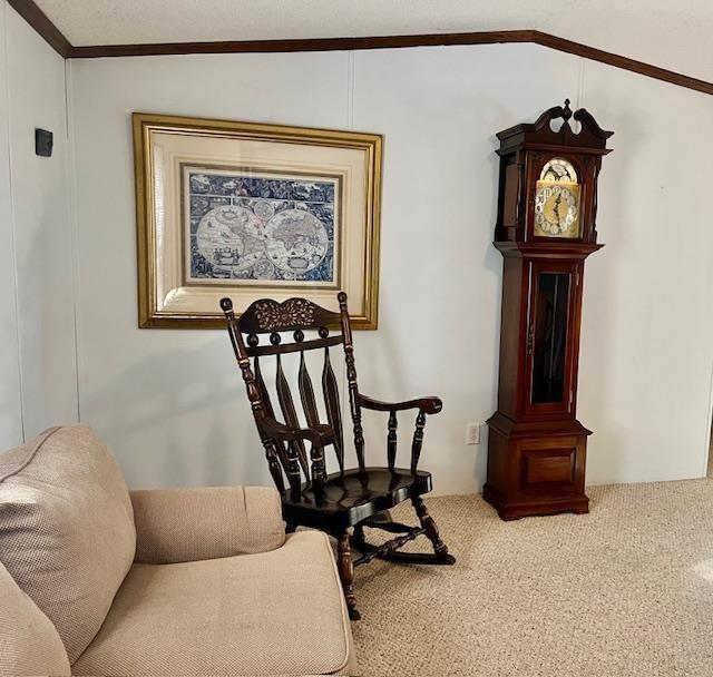 living area with lofted ceiling and carpet flooring