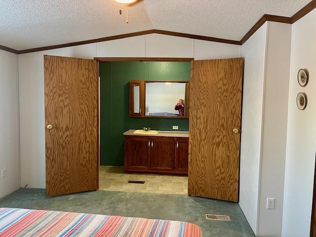 bedroom with a textured ceiling, a sink, carpet flooring, vaulted ceiling, and crown molding