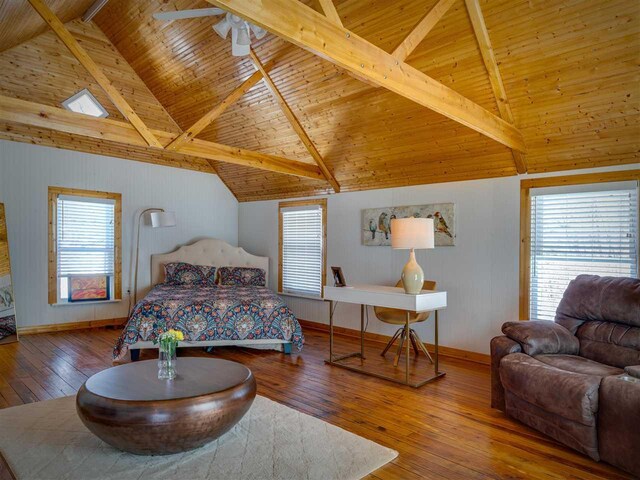 bedroom featuring wood ceiling, hardwood / wood-style flooring, and baseboards