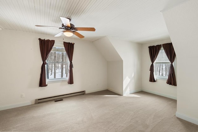 additional living space featuring carpet floors, a baseboard radiator, baseboards, and a ceiling fan