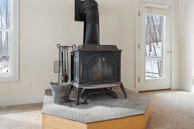 details featuring a wood stove, baseboards, and carpet flooring