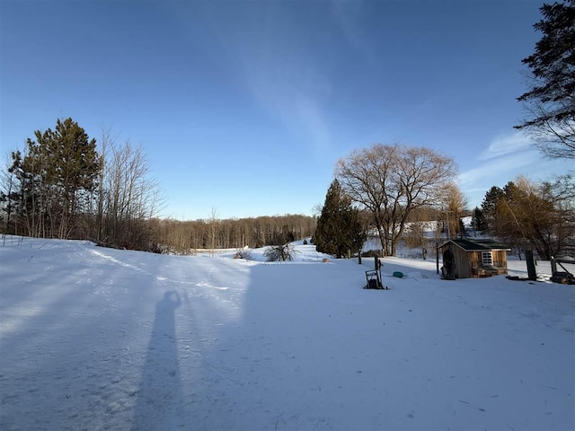 yard covered in snow featuring an outbuilding