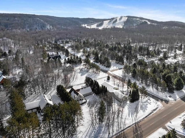 snowy aerial view with a mountain view