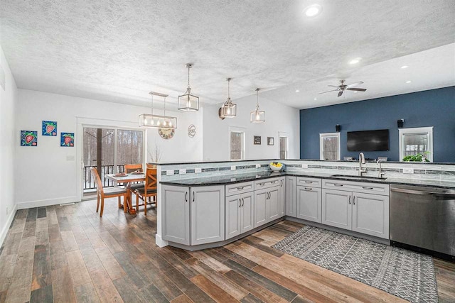 kitchen with a sink, a textured ceiling, dark wood-type flooring, and stainless steel dishwasher