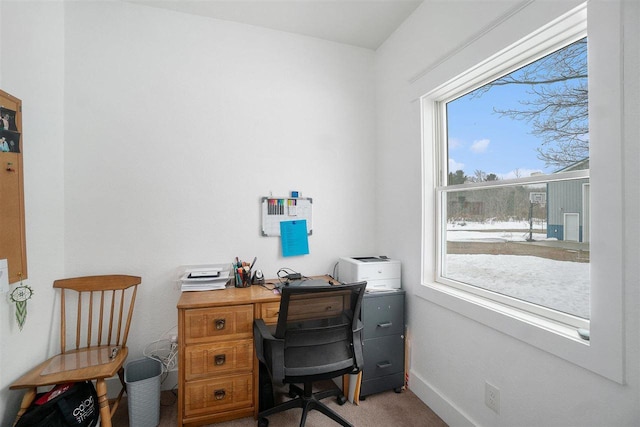 home office with baseboards and carpet flooring