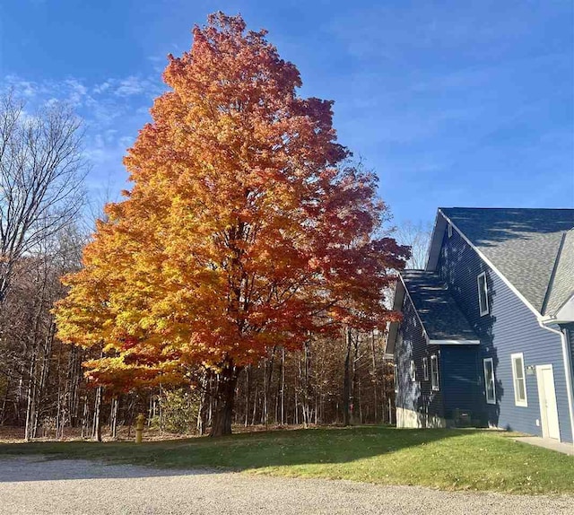 view of home's exterior with a shingled roof and a lawn