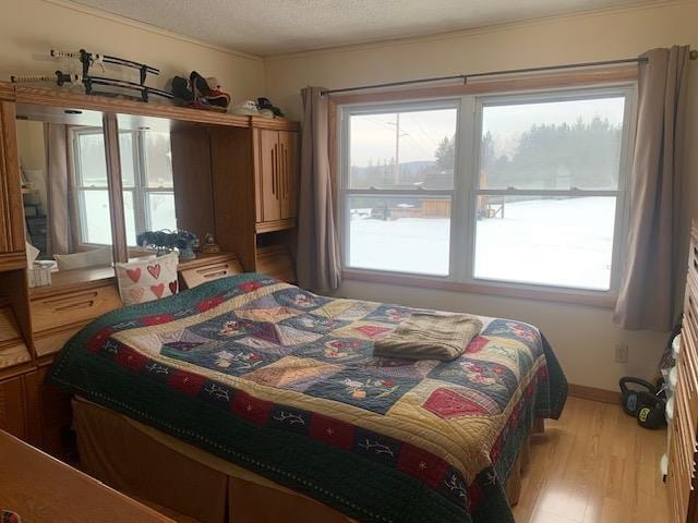 bedroom featuring a textured ceiling, multiple windows, wood finished floors, and baseboards