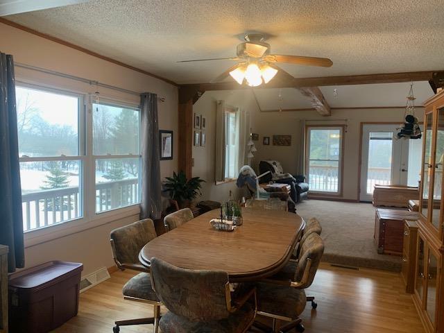 dining room with light wood-style floors, plenty of natural light, and a textured ceiling