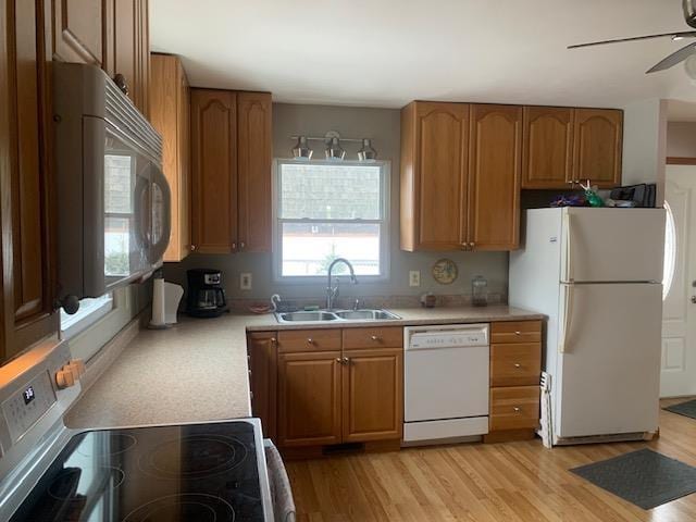 kitchen with white appliances, brown cabinetry, light wood-style flooring, light countertops, and a sink