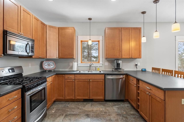 kitchen featuring a peninsula, a wealth of natural light, appliances with stainless steel finishes, and a sink