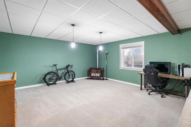 office with carpet, beam ceiling, a drop ceiling, and baseboards