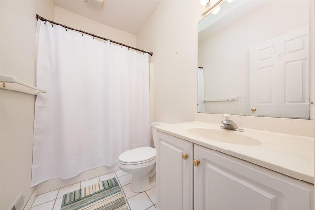 full bathroom featuring visible vents, toilet, shower / tub combo with curtain, tile patterned flooring, and vanity