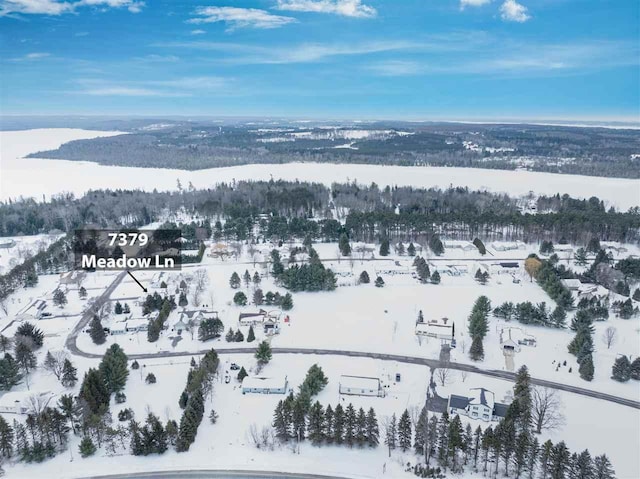 birds eye view of property featuring a forest view