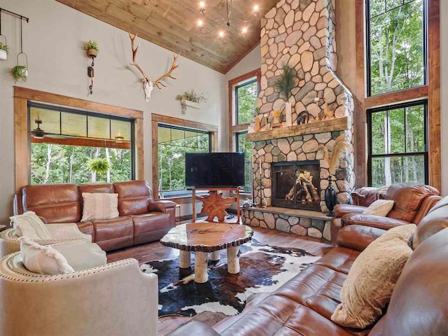 living room featuring a healthy amount of sunlight, a fireplace, and wood finished floors