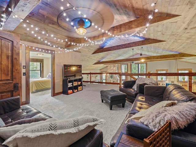 carpeted living room featuring wooden ceiling, vaulted ceiling, and baseboards