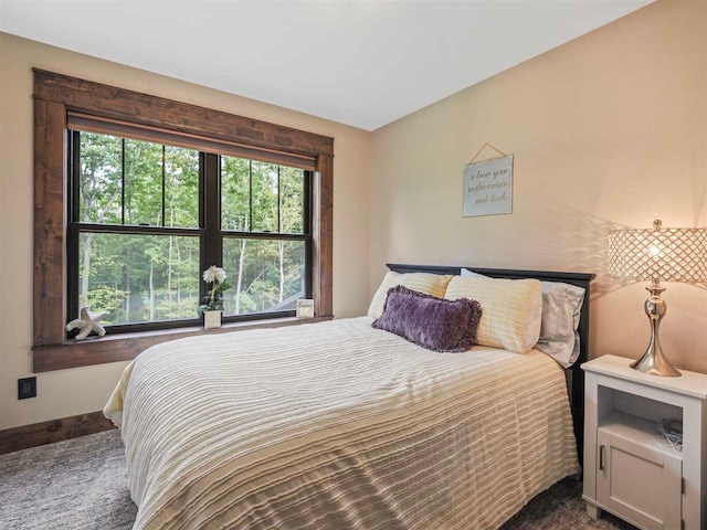 bedroom with baseboards and dark colored carpet