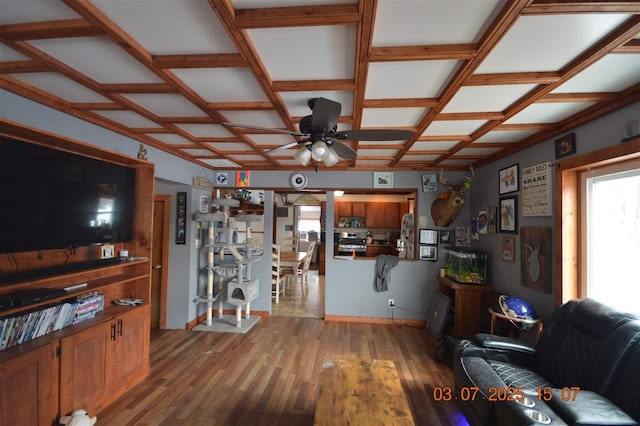 living room with coffered ceiling, wood finished floors, and a ceiling fan