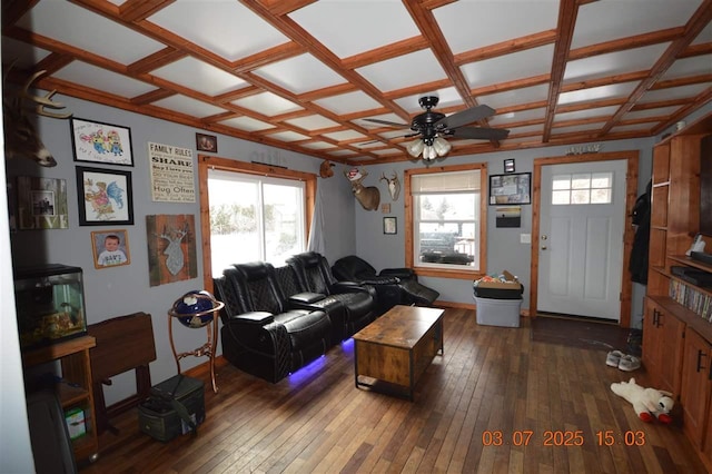 living area with ceiling fan, baseboards, coffered ceiling, and hardwood / wood-style floors