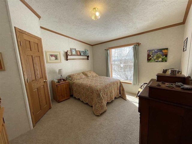 bedroom featuring vaulted ceiling, light colored carpet, and ornamental molding