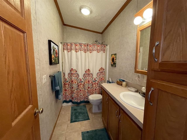 bathroom featuring vanity, ornamental molding, vaulted ceiling, a textured ceiling, and toilet