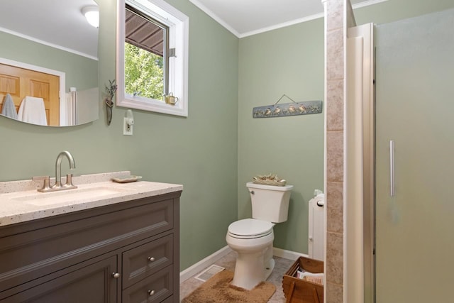 bathroom with visible vents, crown molding, baseboards, toilet, and vanity