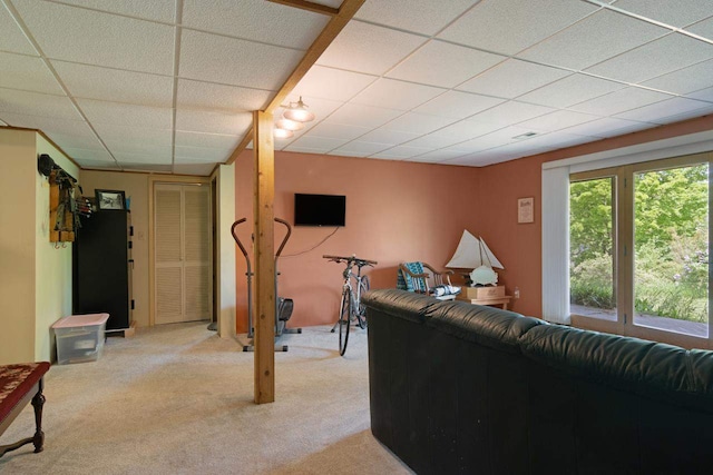 living area featuring light colored carpet and a drop ceiling