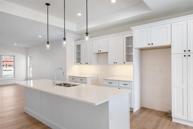 kitchen with a tray ceiling, a sink, glass insert cabinets, white cabinetry, and light wood-type flooring