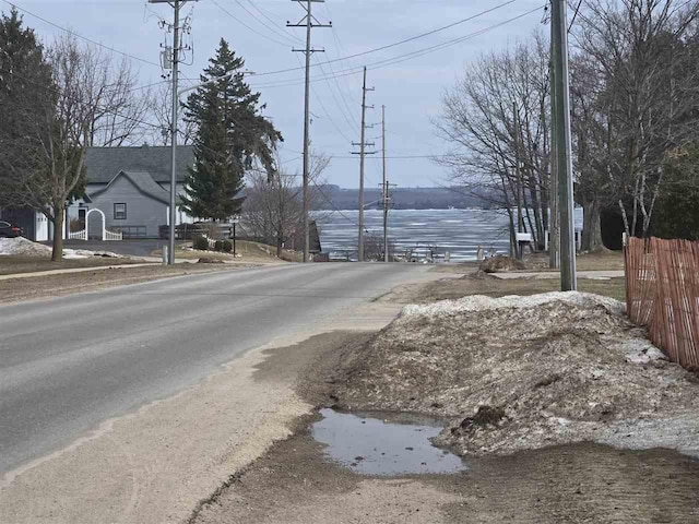 view of street with a water view