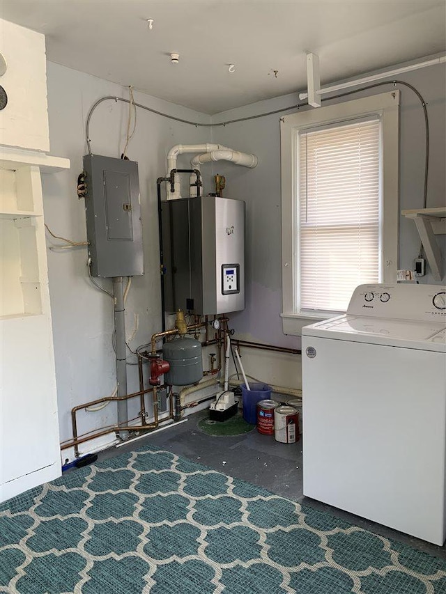 utility room with electric panel, washer / dryer, and water heater