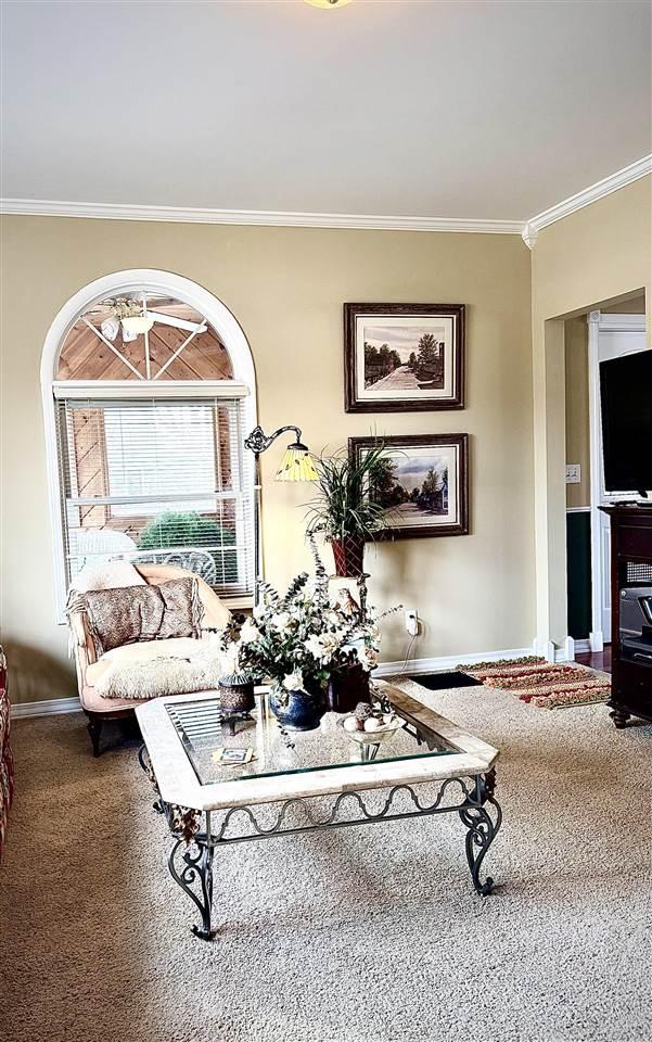 living area with crown molding and baseboards