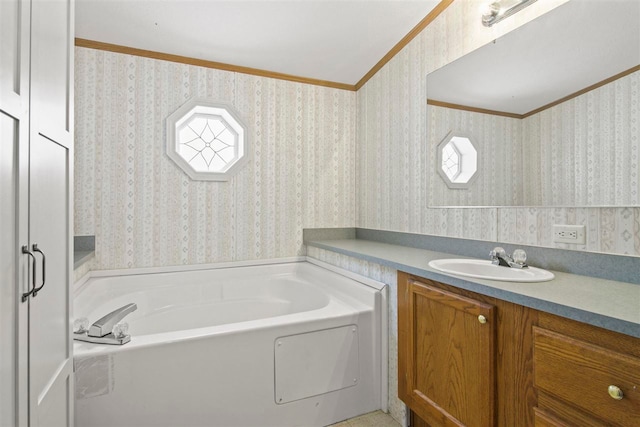 7116 S M-88 Hwy, Bellaire, MI 49615 - bathroom featuring ornamental molding, wallpapered walls, a garden tub, and vanity