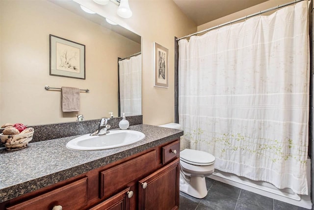 988 Ridgeline Dr, Boyne City, MI 49712 - bathroom featuring shower / bath combo, tile patterned flooring, vanity, and toilet