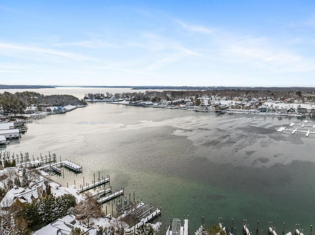 bird's eye view with a water view
