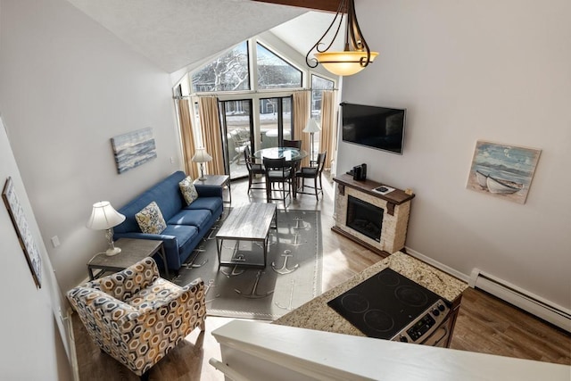 living room with a fireplace, a baseboard radiator, wood finished floors, and baseboards