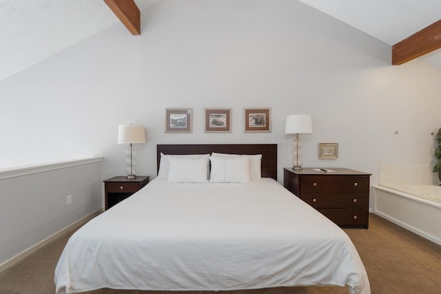carpeted bedroom with baseboards and vaulted ceiling with beams